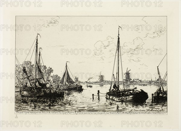 At Zaandam, 1877, Maxime Lalanne, French, 1827-1886, France, Etching and drypoint on ivory China paper, laid down on ivory wove paper, 146 × 225 mm (image), 190 × 261 mm (primary support), 200 × 280 mm (plate), 330 × 442 mm (secondary support)