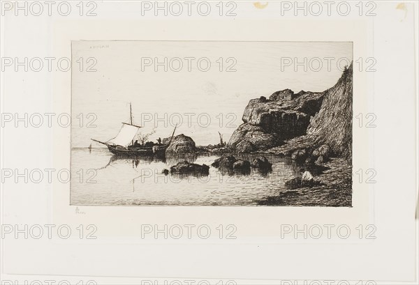 Fishing Craft near the Cliffs at Collioure, 1878, Adolphe Appian, French, 1818-1898, France, Etching on China paper colle laid down on white wove paper, 186 × 272 mm (image), 240 × 351 mm (sheet)