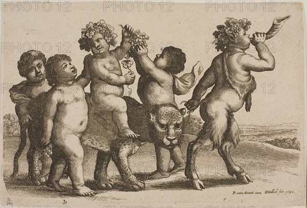 Young Bacchus Riding a Leopard Led By a Satyr Blowing a Horn, 1647, Wenceslaus Hollar (Czech, 1607-1677), after Petrus van Avont (Flemish, active 17th century), Bohemia, Etching on ivory laid paper, 143 × 212 mm
