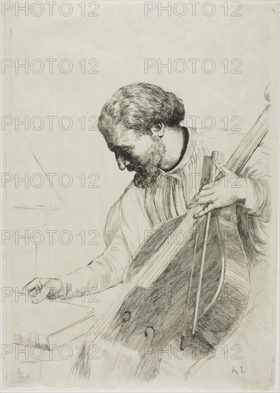 The Double Bass Player, c. 1873, Alphonse Legros, French, 1837-1911, France, Etching on ivory Japanese tissue, 300 × 211 mm (plate), 307 × 217 mm (sheet)