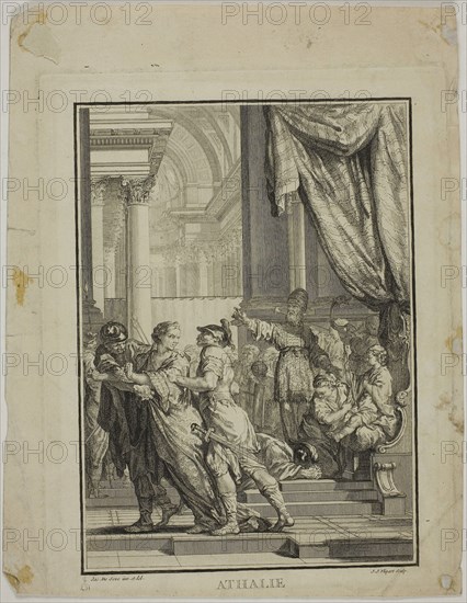 Frontispiece for Athalie, Act V, Scene VI, from Racine’s Oeuvres, 1760 or 1767, Jean-Jacques Flipart (French, 1719-1782), after Jacques de Sève (French, active 1742-1788), France, Etching with engraving and stipple on cream laid paper, 200 × 144 mm (image), ? × 173 mm (plate, sheet cut within plate), 251 × 195 mm (sheet)