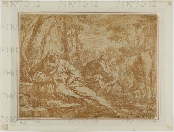 Rest on the Flight into Egypt, n.d., Bartolomeo Biscaino, Italian, before 1629-1657, Italy, Etching printed in reddish brown on paper, 187 × 247 mm