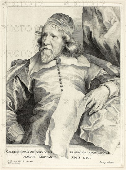 Inigo Jones, 1630/36, printed c. 1800, Robert van Voerst (Flemish, 1597-1636/37), after Anthony van Dyck (Flemish, 1599-1641), Flanders, Engraving in black on ivory wove paper, 243 × 177 mm (plate), 252 × 185 mm (sheet)