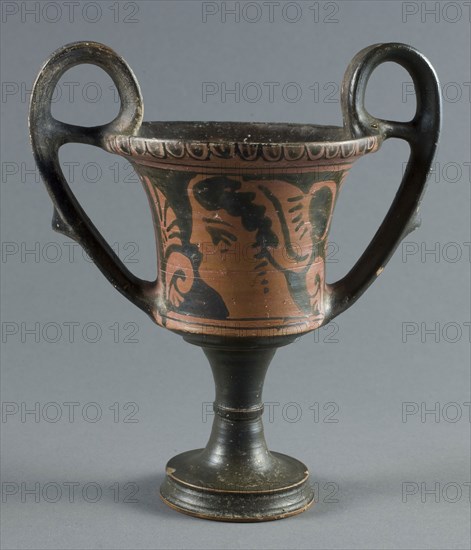 Kantharos (Drinking Cup), about 300 BC, Attributed to the Kantharos Group, Greek, Apulia, Italy, Greece, terracotta, decorated in the red-figure technique, 16.8 × 14.6 × 9.8 cm (6 5/8 × 5 3/4 × 3 7/8 in.)