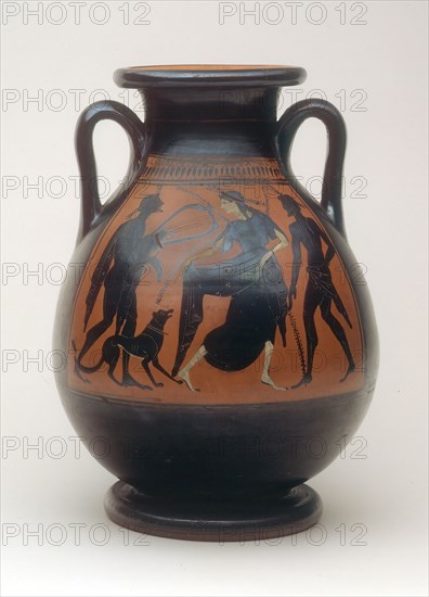 Pelike (Storage Jar), about 510/500 BC, Greek, Athens, Greece, terracotta, decorated in the black-figure technique with touches of paint, H. 34.9 cm (13 3/4 in.)