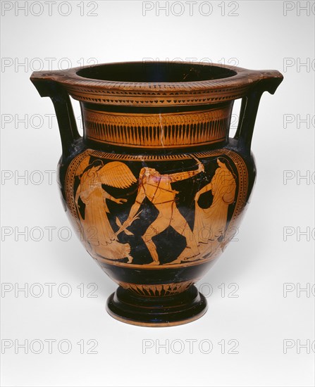 Column-Krater (Mixing Bowl), about 460 BC, Attributed to a Member of the Earlier Mannerist Group, Greek, Athens, Athens, terracotta, decorated in the red-figure technique, 46.5 × 45.6 × 38 cm (18 1/4 × 18 × 15 in.)