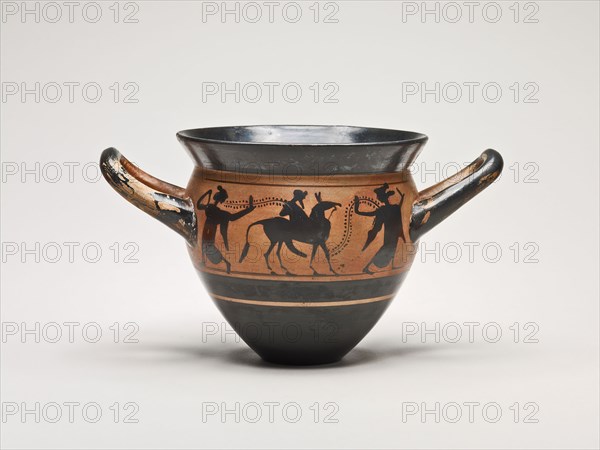 Mastoid (Drinking Cup) with Handles, about 500/480 BC, Greek, Athens, Attributed to the Manner of the Haimon Painter, Athens, terracotta, decorated in the black-figure technique, 9.5 × 16.5 × 10.1 cm (3 3/4 × 6 1/2 × 4 in.)