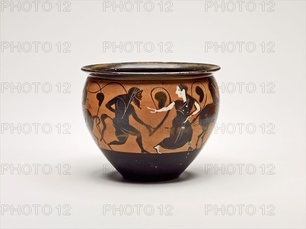 Mastoid (Drinking Cup), about 500/480 BC, Greek, Athens, Attributed to the Caylus Painter, Athens, terracotta, decorated in the black-figure technique, 8.3 × 10.5 × 10.5 cm (3 1/4 × 4 1/8 × 4 1/8 in.)