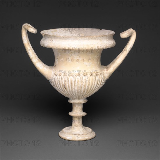 Kantharos (Drinking Cup), 310/280 BC, Greek, Apulia, Italy, probably made in Canosa, said to have been found in Tarento, Italy, Apulia, terracotta, unglazed ware, once partially gilded, 20.6 × 19.6 × 13 cm (8 1/8 × 7 3/4 × 5 1/8 in.)