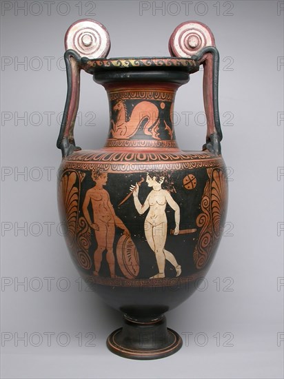 Amphora (Storage Jar), 4th century BC, Faliscan, Latium, Italy, Central Italy, terracotta, decorated in the red-figure technique, 62.2 × 29.2 × 28.9 cm (24 1/2 × 11 1/2 × 11 3/8 in.)