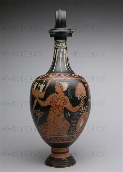 Oinochoe (Pitcher), end of 4th century BC, Attributed to the Mattinata Painter, Greek, Apulia, Italy, Greece, terracotta, decorated in the red-figure technique, 37.4 × 13.9 × 13.9 cm (14 3/4 × 5 1/2 × 5 1/2 in.)