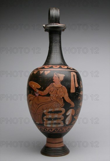 Oinochoe (Pitcher), end of 4th century BC, Attributed to the Mattinata Painter, Greek, Apulia, Italy, Greece, terracotta, decorated in the red-figure technique, 38.1 × 13.9 × 13.6 cm (15 × 15 1/2 × 5 3/8 in.)