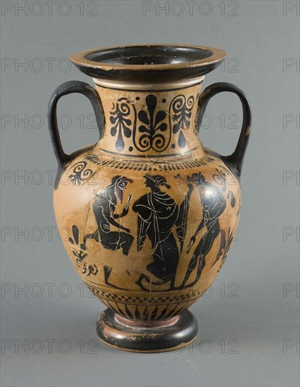 Amphora (Storage Jar), about 490/480 BC, Attributed to the Michigan Painter, Greek, Athens, Greece, terracotta, decorated in the black-figure technique, 21.2 × 13.9 × 13.9 cm (8 3/8 × 5 1/4 × 5 1/4 in.)