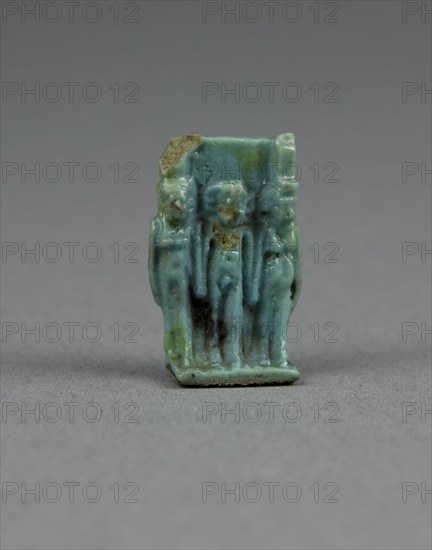 Amulet of the Goddesses Isis and Nephthys with Horus Standing Between, Third Intermediate Period, Dynasty 21–25 (1070–656 BC), Egyptian, Egypt, Faience, 2.25 × 1.5 × 1 cm (7/8 × 9/16 × 3/8 in.)