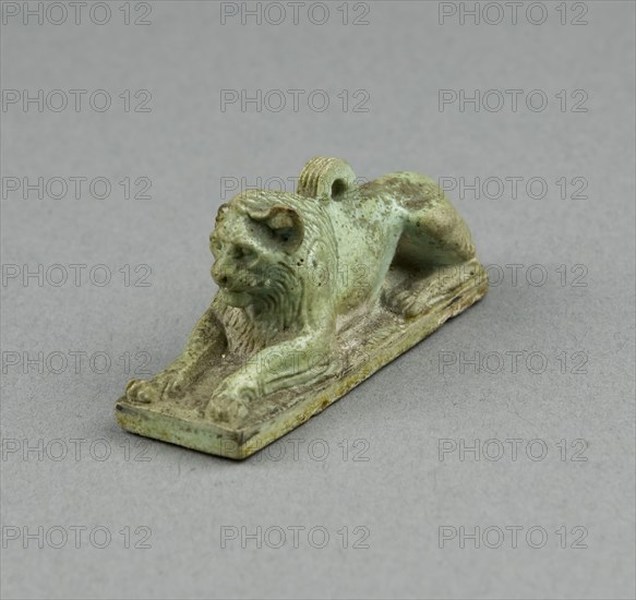 Amulet of a Crouching Lion, Late Period, Dynasty 26 or later (664–525 BC), Egyptian, Egypt, Faience, 2.5 × 5.5 × 2 cm (1 × 1 × 3/4 in.)