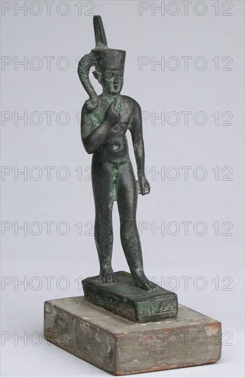 Statuette of the God Harpocrates, Late Period–Ptolemaic Period (664–30 BC), Egyptian, Egypt, Bronze, 9.1 × 4.6 × 2.3 cm (3 5/8 × 1 3/4 × 7/8 in.) (without base)