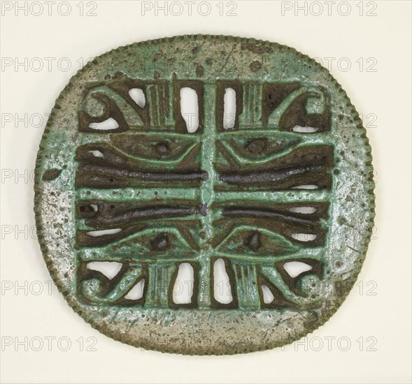 Four Eyes of the God Horus (Wedjat) Amulet, Third Intermediate Period, Dynasty 21–25 (1070–656 BC), Egyptian, Egypt, Faience, 4.5 × 4.7 × 0.6 cm (1 3/4 × 1 7/8 × 1/4 in.)