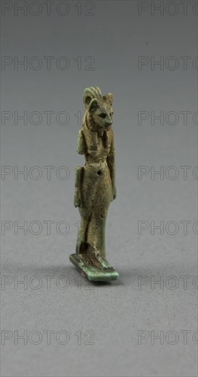 Amulet of the Goddess Bastet, Third Intermediate Period, Dynasty 21–25 (1069–656 BC), Egyptian, Egypt, Faience, 4.4 × 1.6 × 1 cm (1 3/4 × 5/8 × 3/8 in.)