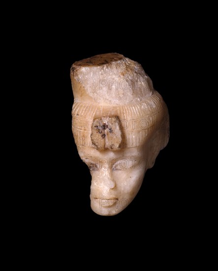 Head From a Shabti (Funerary Figurine) of Queen Tiye, New Kingdom, Dynasty 18, Reign of Akhenaten (about 1353–1336 BC), Egyptian, Egypt, Egyptian alabaster and pigment, 7.6 × 5.8 × 2.6 cm (3 × 2 1/4 × 1 in.)