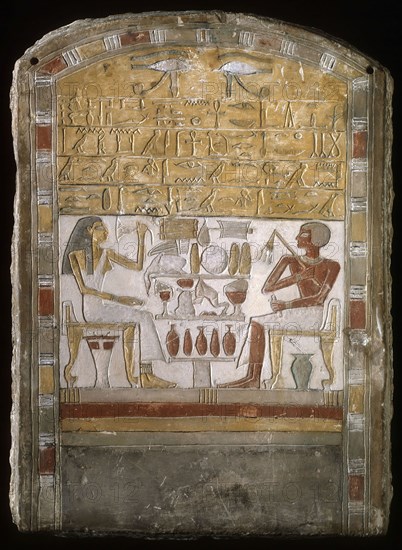 Stela of Amenemhat and Yatu, Middle Kingdom, late Dynasty 12–early Dynasty 13 (about 1870–1770 BC), Egyptian, Egypt, Limestone and pigment, 59 × 42.5 × 11 cm (23 1/4 × 16 3/4 × 4 1/4 in.)