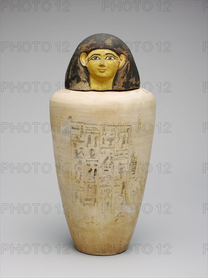 Canopic Jar of the Overseer of the Builders of Amun, Amenhotep, New Kingdom, Dynasty 18, reign of Amenhotep II (about 1427–1400 BC), Egyptian, Egypt, terracotta and pigment, a (jar):  31.7 × 19 × 18.4 cm (12 1/5 × 7 1/5 × 7 ¼ in.)