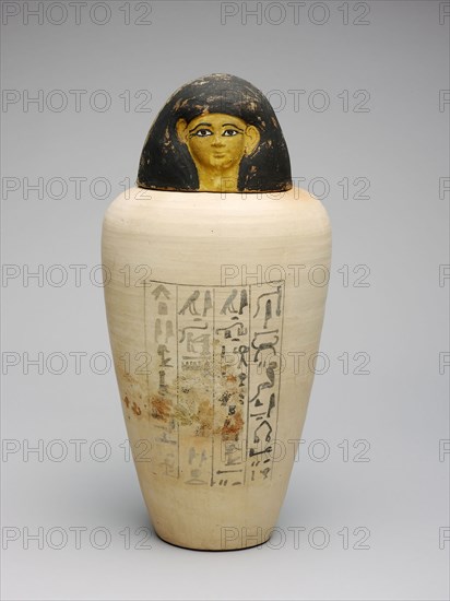 Canopic Jar of the Overseer of the Builders of Amun, Amenhotep, New Kingdom, Dynasty 18, reign of Amenhotep II (about 1427–1400 BC), Egyptian, Egypt, terracotta and pigment, a (jar):  31.7 × 19 × 19.6 cm (12 1/5 × 7 1/5 × 7 3/4 in.)