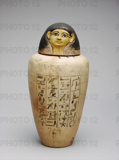 Canopic Jar of the Overseer of the Builders of Amun, Amenhotep, New Kingdom, Dynasty 18, reign of Amenhotep II (about 1427–1400 BC), Egyptian, Egypt, terracotta and pigment, a (jar):  30.4 × 19 × 19 cm (12 × 7 1/5 × 7 1/5 in.)