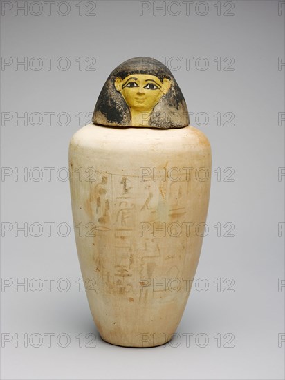 Canopic Jar of the Overseer of the Builders of Amun, Amenhotep, New Kingdom, Dynasty 18, reign of Amenhotep II (about 1427–1400 BC), Egyptian, Egypt, terracotta and pigment, a (jar):  30.7 × 18.4 × 18.4 cm (12 1/8 × 7 1/4  × 7 1/4 in.)