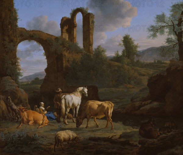 Pastoral Landscape with Ruins, 1664, Adriaen van de Velde, Dutch, 1636-1672, Holland, Oil on canvas, 67 × 78.4 cm (26 3/8 × 30 7/8 in.)