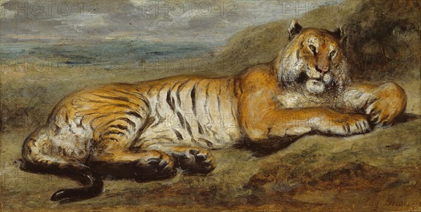 Tiger Resting, c. 1830, Pierre Andrieu, French, 1821-1892, France, Oil on canvas, 20.3 × 38.1 cm (8 × 15 in.)