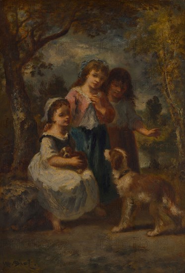Three Little Girls, c. 1870, Narcisse Virgile Diaz de la Peña, French, 1807-1876, France, Oil on panel, 39.4 × 26.7 cm (15 1/2 × 10 1/2 in.)