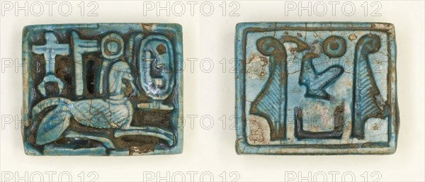 Plaque: Sphinx with Cartouche/Maatkare Flanked by Feathers, New Kingdom, Dynasty 18, reign of Hatshepsut (about 1473–1458 BC), Egyptian, Egypt, Glazed steatite, 2 × 1.5 × .5 cm (3/4 × 5/8 × 1/4 in.)