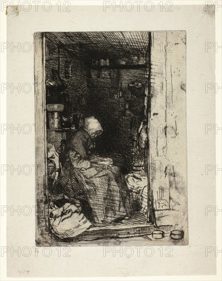 La Vieille aux Loques (The Old Woman with Rags), 1858, James McNeill Whistler, American, 1834-1903, United States, Etching and drypoint with foul biting in black ink on light gray China paper, 207 x 147 mm (plate), 260 x 202 mm (sheet)