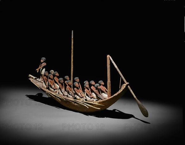 Model of a River Boat, Middle Kingdom, Dynasty 11–12 (about 2046–1794 BC), Egyptian, Egypt, Wood and pigment, 63.5 × 114.3 × 17.1 cm (25 × 45 × 6 3/4 in.)