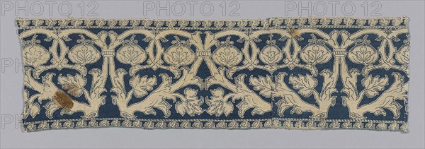 Border, 17th century, Italy, Linen, plain weave, embroidered with silk in back and long-armed cross stitches, lower edge finished with silk, twin cord, 14.5 x 49.2 cm (5 3/4 x 19 3/8 in.)