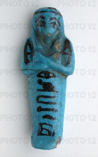 Shabti of Tchenetipet, Third Intermediate Period, Dynasty 21 (1069 BC–945 BC), Egyptian, Thebes, Deir el-Bahri, Egypt, Faience, 8 × 3.25 × 2 cm (3 1/8 × 1 1/4 × 3/4 in.)