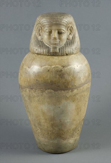 Canopic Jar with Human Head Lid, Middle Kingdom, Dynasty 12 (about 1985–1773 BC), Egyptian, Egypt, Calcite, a (jar):  26.6 × 18.4 × 17.7 cm (10 1/5 × 7 ¼ × 7 in)