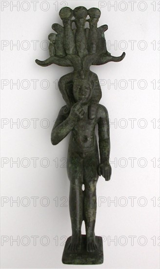 Statuette of the God Horus as a Child (Harpokrates), Late Period–early Ptolemaic Period (7th–1st centuries BC), Egyptian, Egypt, Bronze, 19.1 × 7.6 × 6.4 cm (7 1/2 × 3 × 2 1/2 in.)