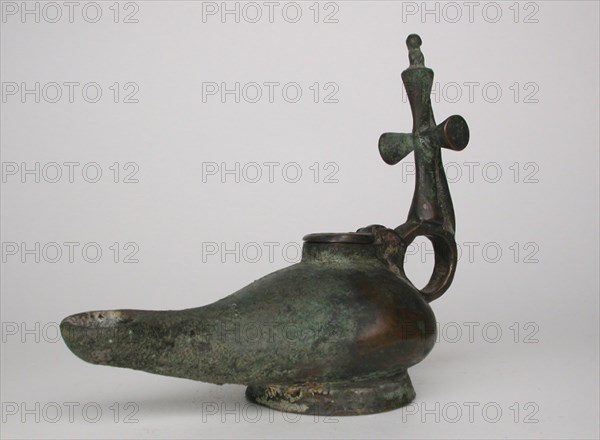 Lamp with Cross, Byzantine Period (about 4th–7th century AD), Egyptian, Egypt, Bronze, 11.1 × 6.4 × 13 cm (4 3/8 × 2 1/2 × 5 1/8 in.)