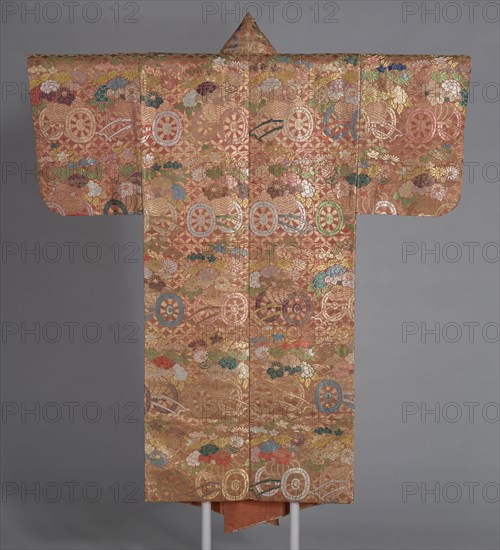 Atsuita karaori (Noh Costume), late Edo period (1789–1868), 1801/25, Japan, Silk and gold-leaf-over-lacquered-paper strips, warp-float faced 2:1 'Z' twill weave with supplementary patterning wefts, lined with silk, plain weave, dyed with safflower, beni, 176.4 × 144.5 cm (69 1/2 × 56 7/8 in.)