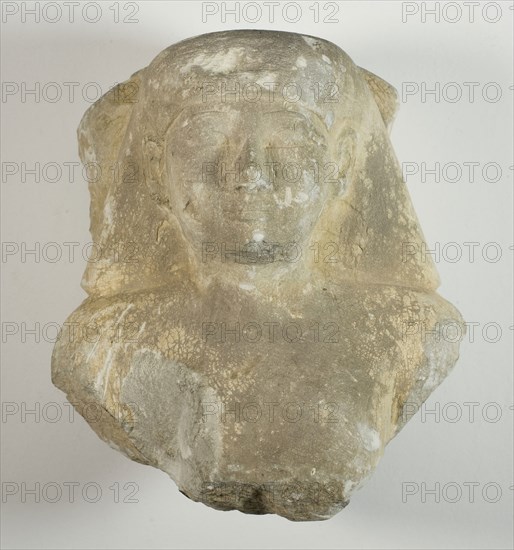 Bust of a Statuette of a Man, Late Period, Dynasty 26 (664–525 BC), Egyptian, Egypt, Limestone, 19.4 × 16.5 × 12.4 cm (7 5/8 × 6 1/2 × 4 7/8 in.)