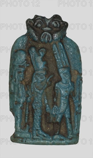 Amulet of the Theban Triad, Amun, Mut, and Khonsu, Late Period, Dynasty 26–31 (664–332 BC), Egyptian, Egypt, Faience, 4.4 × 2.5 × 0.3 cm (1 3/4 × 1 × 1/8 in.)