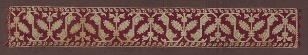 Border, 1601/25, Italy, Linen, plain weave, pulled thread work embroidered with silk in back, double running, and two-sided Italian cross stitch, edged with silk and linen fringe of oblique twill interlacing with two-color supplementary weft uncut fringe, 11.8 × 84.3 cm (4 5/8 × 33 1/8 in.)