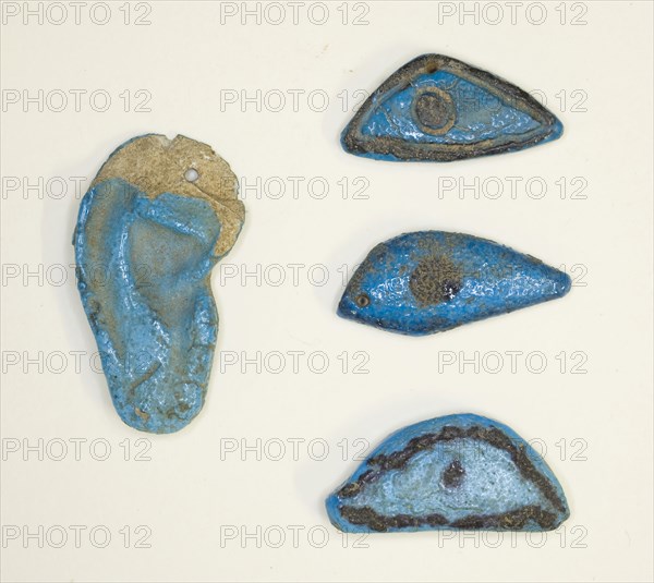 Amulets (Ear and 3 Eyes), New Kingdom (about 1550–1069 BC), Egyptian, Egypt, Faience, Eyes: 2.5 × 1 × 0.3 cm (1 × 3/8 × 1/8 in.), Ear: 3.5 × 1.9 × 0.5 cm (1 3/8 × 3/4 × 3/16 in.)