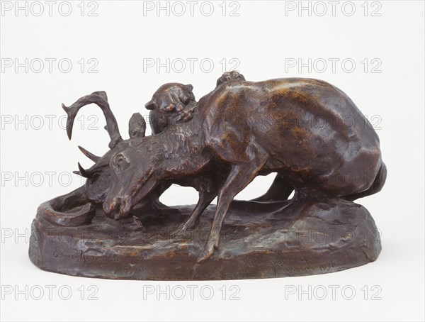 Locked in Death (Bear and Panther), Modeled 1896, cast 1896/99, Edward Kemeys, American, 1843–1907, United States, Bronze with brown patina, 17.8 × 34.3 × 16.5 cm (7 × 13 1/2 × 6 1/2 in.)