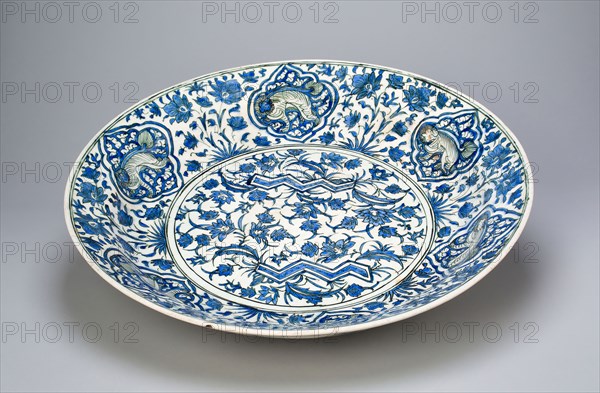 Blue and White Dish, Safavid dynasty (1501–1722), 17th century, Iran, Iran, Fritware with underglaze painting in blue and black, 9.6 × 46.7 cm (3 13/16 × 18 3/8 in.)