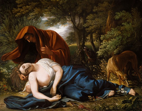 The Death of Procris, 1770, retouched 1803, Benjamin West, British, born in America, 1738-1820, England, Oil on panel, 32.4 × 41.2 cm (12 3/4 × 16 1/4 in.)
