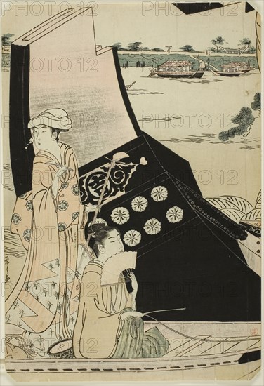 Women on a Pleasure Boat, c. 1790, Chobunsai Eishi, Japanese, 1756-1829, Japan, Color woodblock print, left sheet of oban pentaptych, 14 1/4 x 9 7/8 in.