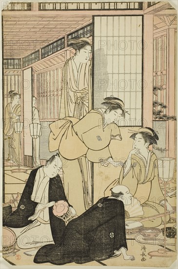 The Eighth Month, from the series Twelve Months in the South (Minami juni ko), c. 1784, Torii Kiyonaga, Japanese, 1752-1815, Japan, Color woodblock print, left sheet of oban diptych, trimmed, 9 15/16 x 14 7/8 in.