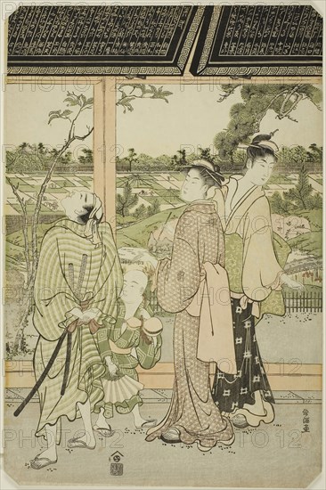 Viewing Votive Plaques at Mukojima, c. 1785/89, Kubo Shunman, Japanese, 1757–1820, Japan, Color woodblock print, center sheet of oban triptych, 15 1/4 x 10 1/16 in.